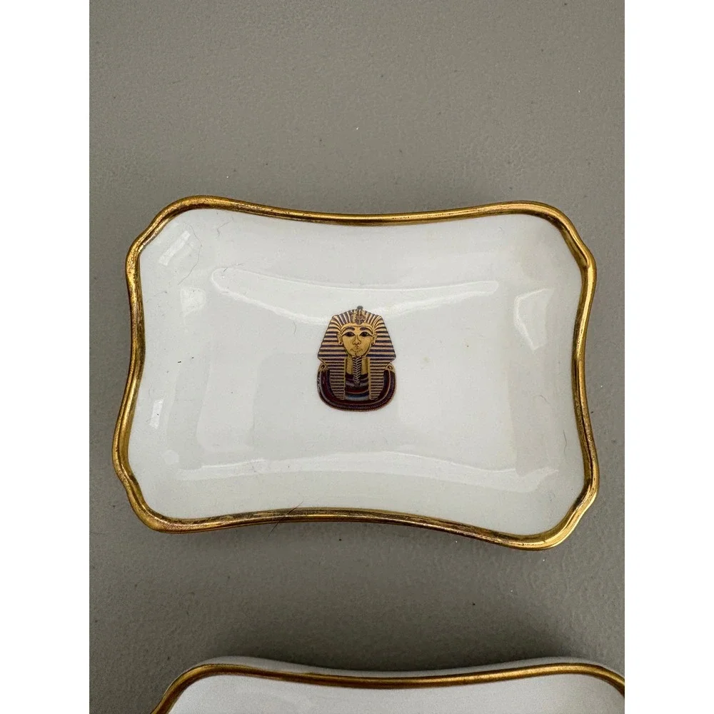 VTG Coalport Bone China Trinket Dish Set Egyptian King Tut Pharaoh Gold Gilt Rim